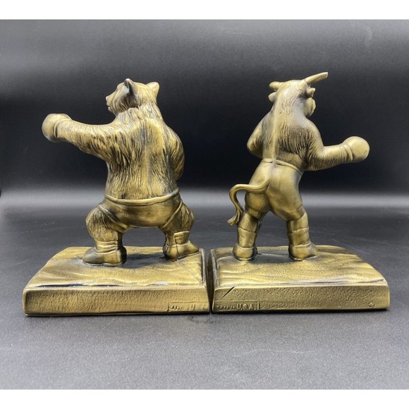 Bronze vintage USA Made stock market Bull & Bear boxing bookends rare sculpture - Picture 2 of 14